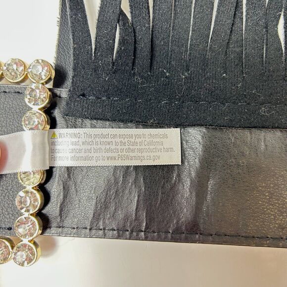 NWOT Black Fringe Clear Jeweled Buckle Elastic and Faux Leather Belt - Picture 6 of 12